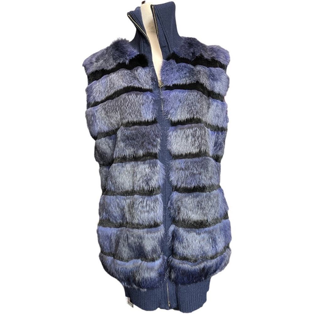 Tasha Tarno Blue Black Striped Real Rabbit Fur Full Zip Vest Ribbed Collar Large
